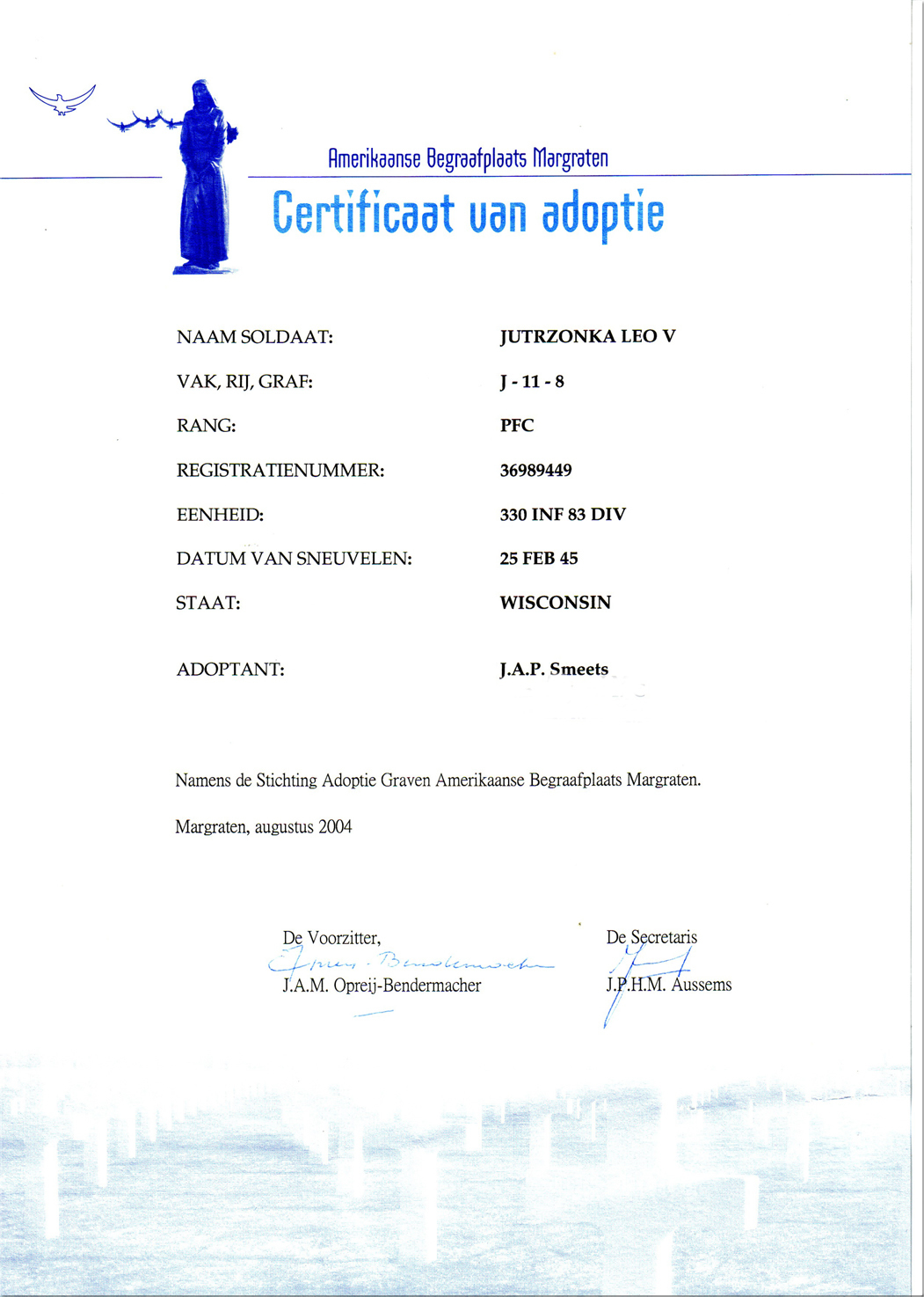 Adoption certificate Pfc. Leo V. Jutrzonka
